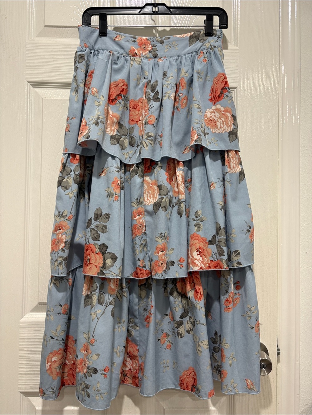 SHEIN Blue Tiered Maxi Skirt with Coral Floral Print